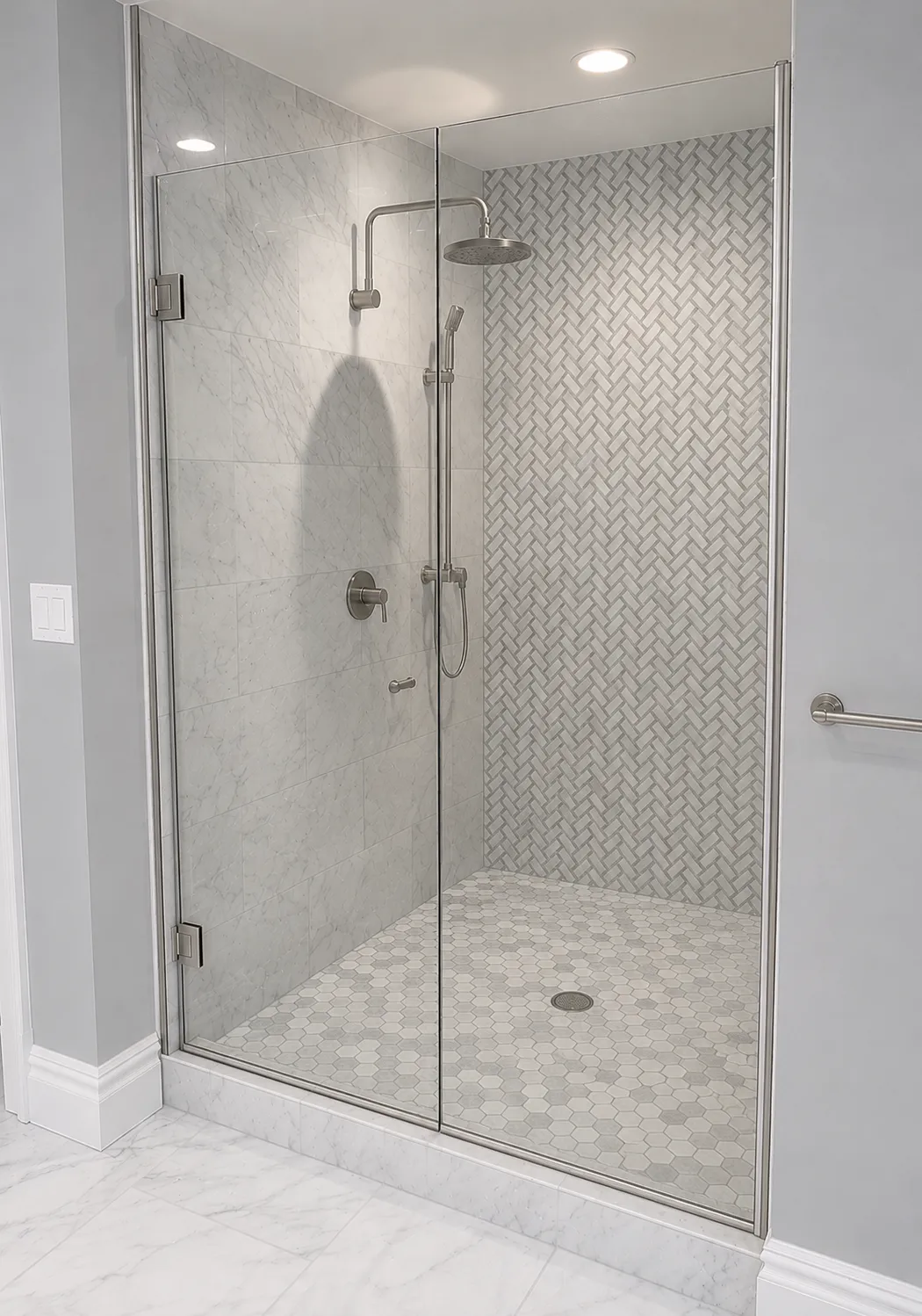 Mampara de dos paños con puerta en plata